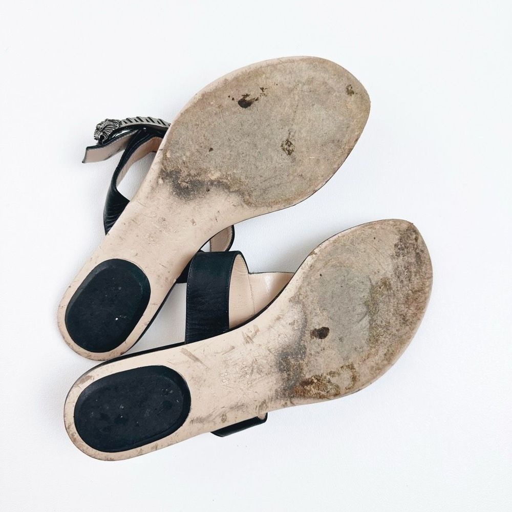 GUCCI Dionysus Black Sandal 38.5 US 8.5 Flat Flip Flop Leather T-Strap Flat GG - Picture 10 of 11